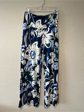 Women’s XL Lightweight Blue Teal White Floral Print Knit Palazzo Pants NWOT